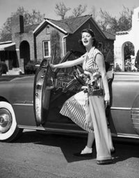 Young woman opening the door of a car poster print.