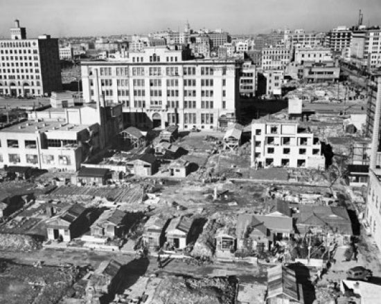 High angle view poster print of demolished buildings after bombing in Tokyo, Japan.