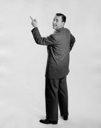 Portrait of a businessman pointing upwards poster print.