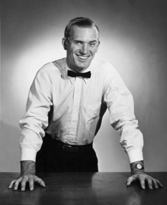 Smiling businessman studio portrait poster print for office decor.
