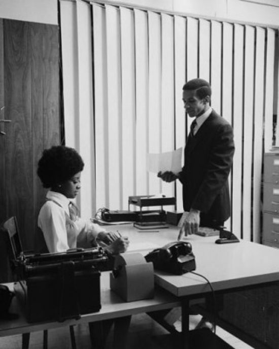 Poster print of side profile businessman dictating letter to secretary, perfect for office decor.