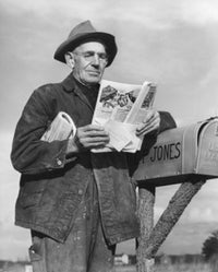 Poster print of a man checking mailbox and reading magazine.