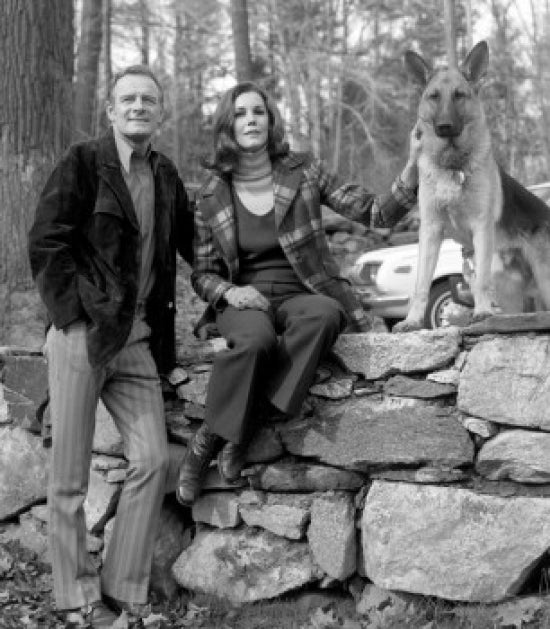Portrait of a mature couple with dog sitting on a stone wall, poster print.