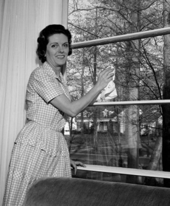 Housewife Cleaning Window Poster Print showcasing a domestic scene.