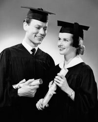 Two graduates holding diplomas and smiling poster print.