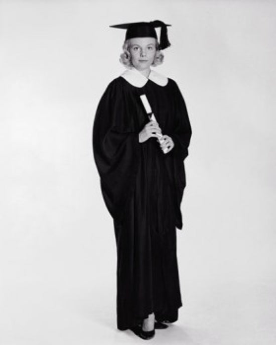 Young woman in graduation gown holding diploma poster print