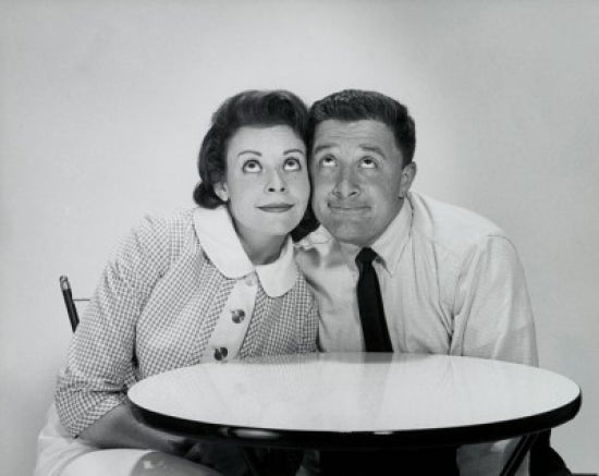 Close-up poster print of a mid adult couple looking up, emotional and intimate artwork.