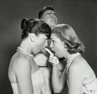 Side profile of a teenage girl pointing at another girl with a young man beside them poster print.