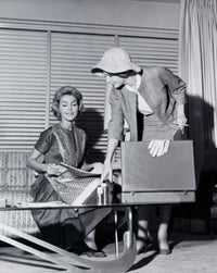 Saleswoman showing products to a young woman poster print