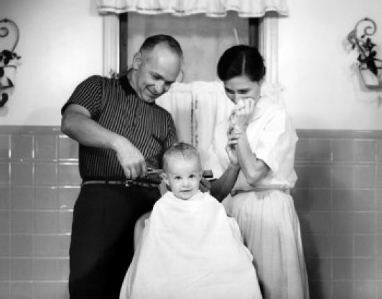 Father Cutting Son's Hair Poster Print - Heartwarming Family Scene