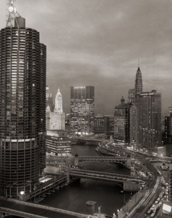 Chicago River Skyscrapers Poster Print showcasing the vibrant city skyline.