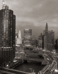 Chicago River Skyscrapers Poster Print showcasing the vibrant city skyline.