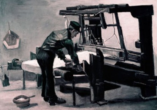 Weaver at Loom art print by Vincent van Gogh, showcasing vibrant colors and detailed craftsmanship.