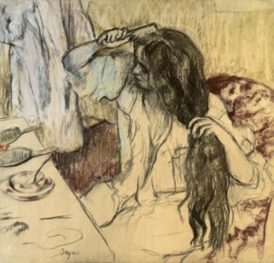 Woman at Her Toilette fine art print by Edgar Degas, pastel artwork.