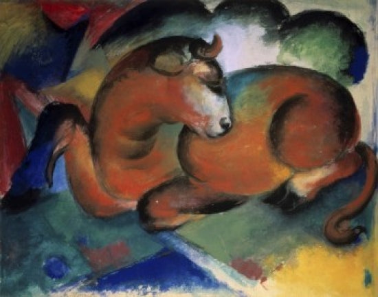 A Red Bull Fine Art Print by Franz Marc, vibrant expressionist artwork