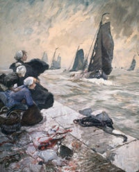 The Fishermen's Wives watercolor print by Hans von Bartels, showcasing fishermen's families by the coast.