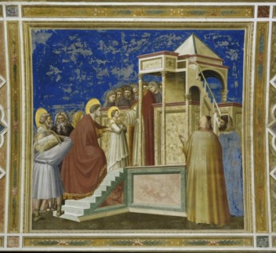 Presentation of the Virgin in the Temple Fresco by Giotto di Bondone, vibrant art print.