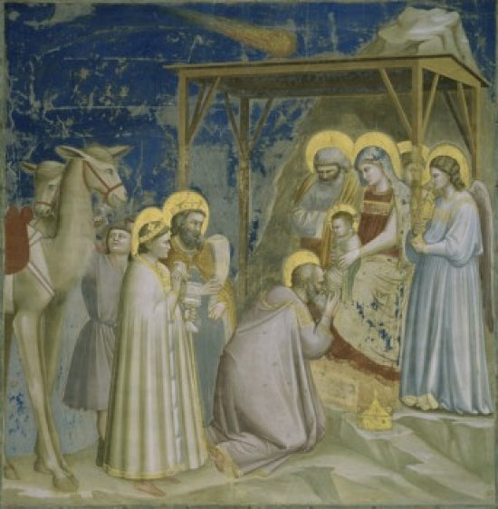 Adoration of the Magi fresco by Giotto di Bondone, vibrant colors poster print.