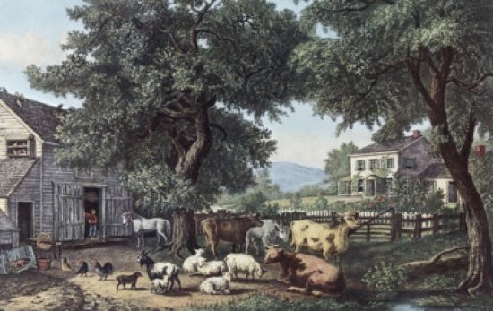 The Old Homestead Currier & Ives Poster Print showcasing classic American art.