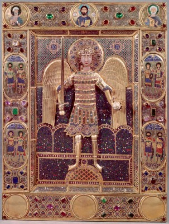Cover of the Gospel of St. Mark Antiques Poster Print showcasing intricate antique design.