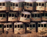 Close-up of damaged trains in a junkyard, urban decay art poster print