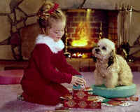 Charming side profile of a girl building a house of cards with her puppy beside her.