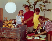 Poster print of two teenage couples cooking on a barbecue grill, capturing the essence of summer gatherings.