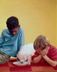 Close-up of two boys looking at a puppy drinking milk from a saucer poster print.