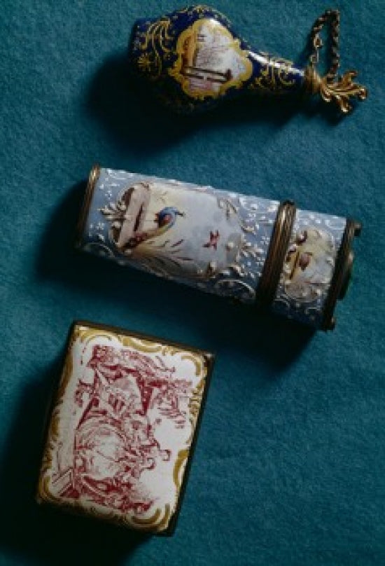 18th century parfum bottle and tobak box poster print from London Museum.