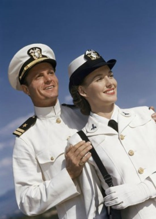 Close-up of a young couple smiling in US Naval uniforms poster print
