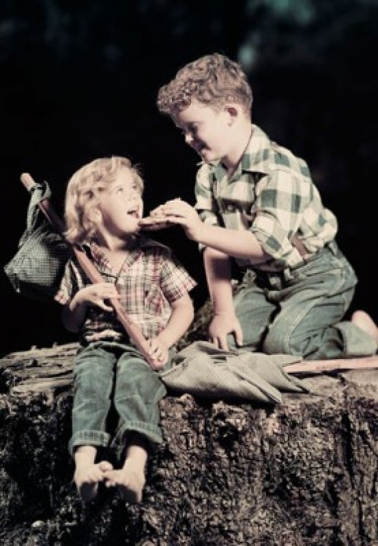 Side profile artwork of a boy feeding a girl sitting on a rock.