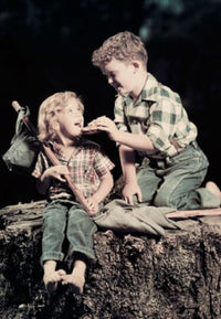 Side profile artwork of a boy feeding a girl sitting on a rock.