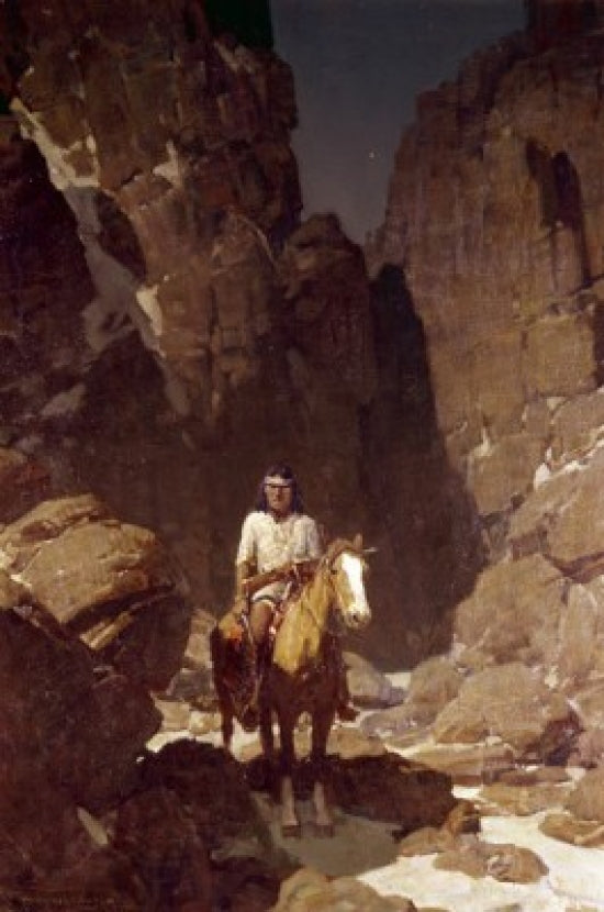 Between Canyon Walls Art Print by Frank Tenney Johnson featuring a serene landscape.