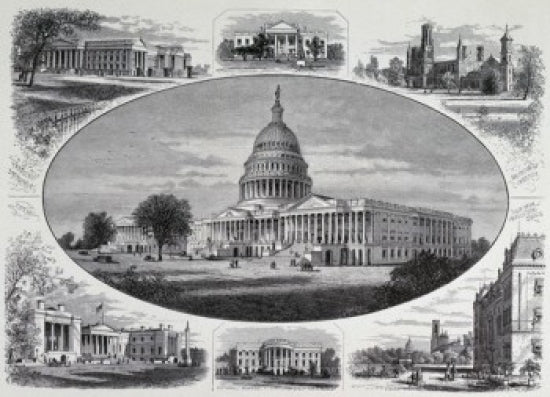 Public Buildings in Washington Etching Poster Print showcasing iconic architecture.