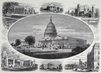 Public Buildings in Washington Etching Poster Print showcasing iconic architecture.