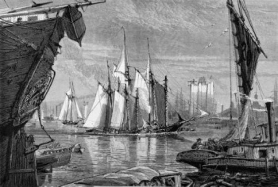 Scene On The East River Etching Poster Print showcasing a serene urban landscape.