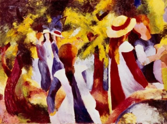 Girls Among Trees Art Print by August Macke showcasing vibrant colors and nature.