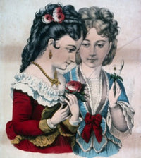 Pair of young women contemplating flowers poster print, serene artwork for home decor.