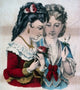 Pair of young women contemplating flowers poster print, serene artwork for home decor.