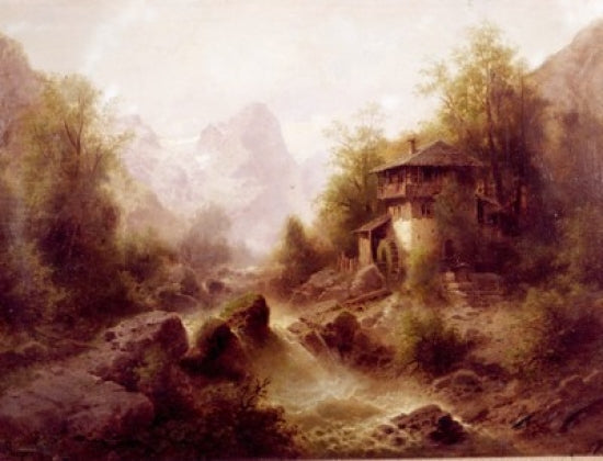Waterfall With Mill Art Print by Albert Rieger featuring a serene waterfall and rustic mill.
