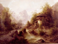 Waterfall With Mill Art Print by Albert Rieger featuring a serene waterfall and rustic mill.