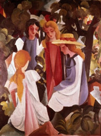 Four Girls art print by August Macke showcasing four young women in vibrant colors.