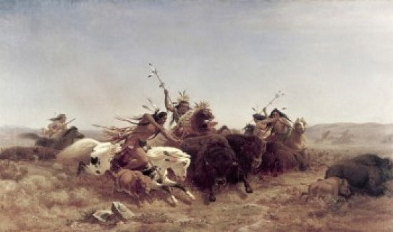 The Buffalo Hunt Poster Print by Charles Ferdinand Wimar, showcasing a historical buffalo hunt scene.