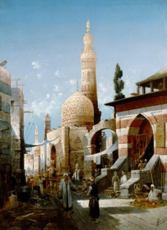 Street in Cairo Art Print by August Friedrich Siegert depicting a vibrant Egyptian street scene.