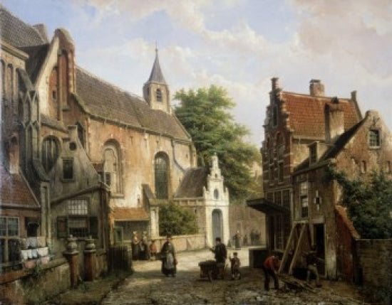 Street Scene in Delft Poster Print by Willem Koekkoek featuring vibrant Dutch architecture.