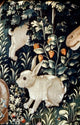 Unicorn Tapestry - Rabbit Detail Poster Print showcasing a whimsical rabbit in a vibrant tapestry backdrop.