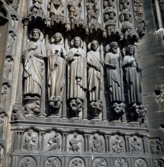 Notre Dame Cathedral Carving Poster Print featuring intricate facade details.