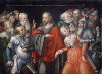 Christ and the Adulteress poster print by Lucas Cranach the Elder, showcasing intricate details and vibrant colors.