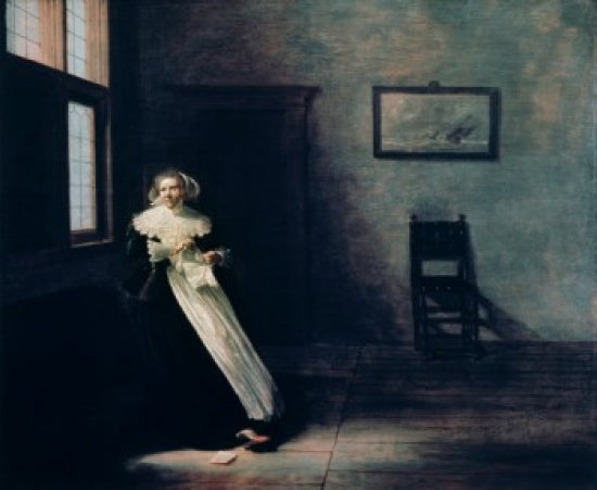 Fine art print of 'Woman Tearing Up A Letter' by Frans Hals, 1631, Oil on Wood Panel.