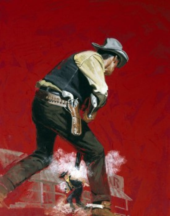 Dueling Cowboys Poster Print featuring two cowboys in a dramatic duel outside a saloon.